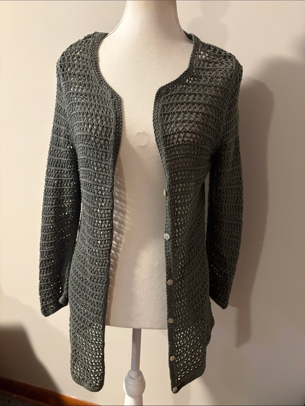 Eddie Bauer 100% Cotton Green Openwork Crochet Button-Front Cardigan. Size Med